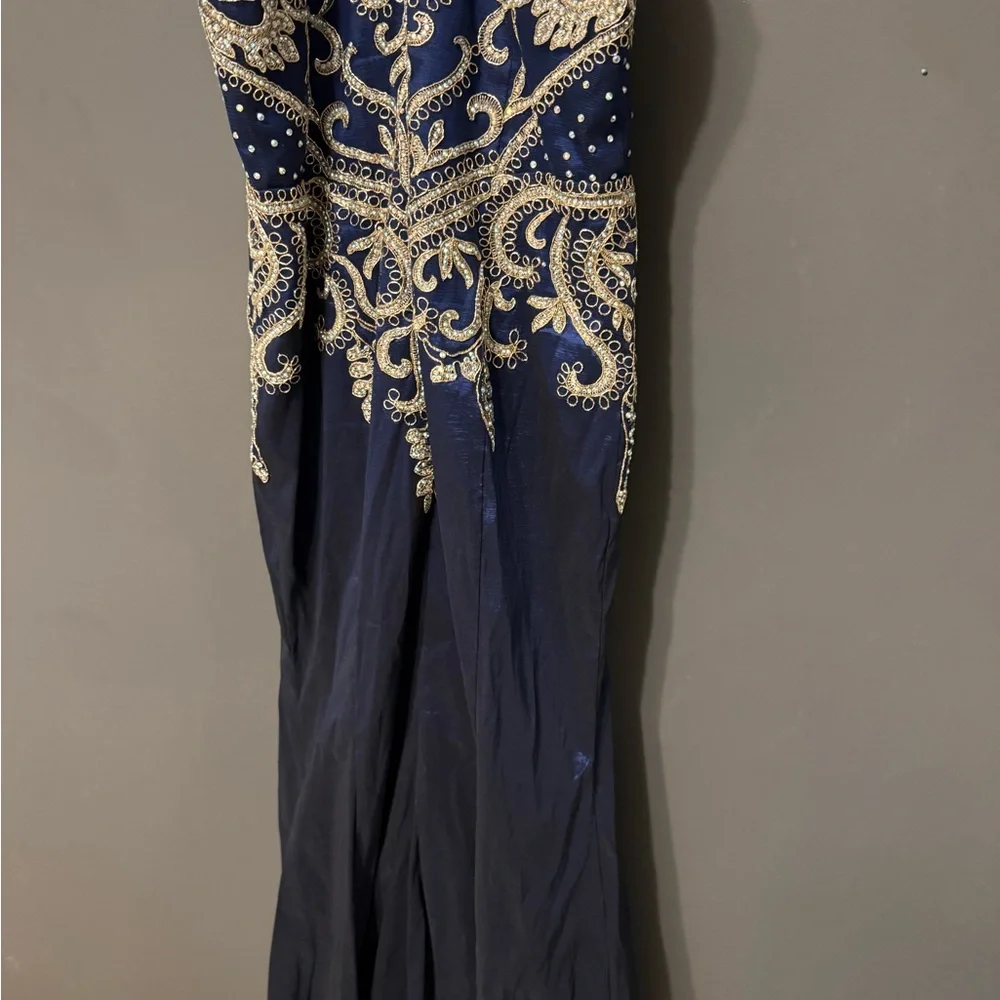 Jovani Blue and Gold Beaded Halter Prom Gown / Dress - Picture 14 of 16